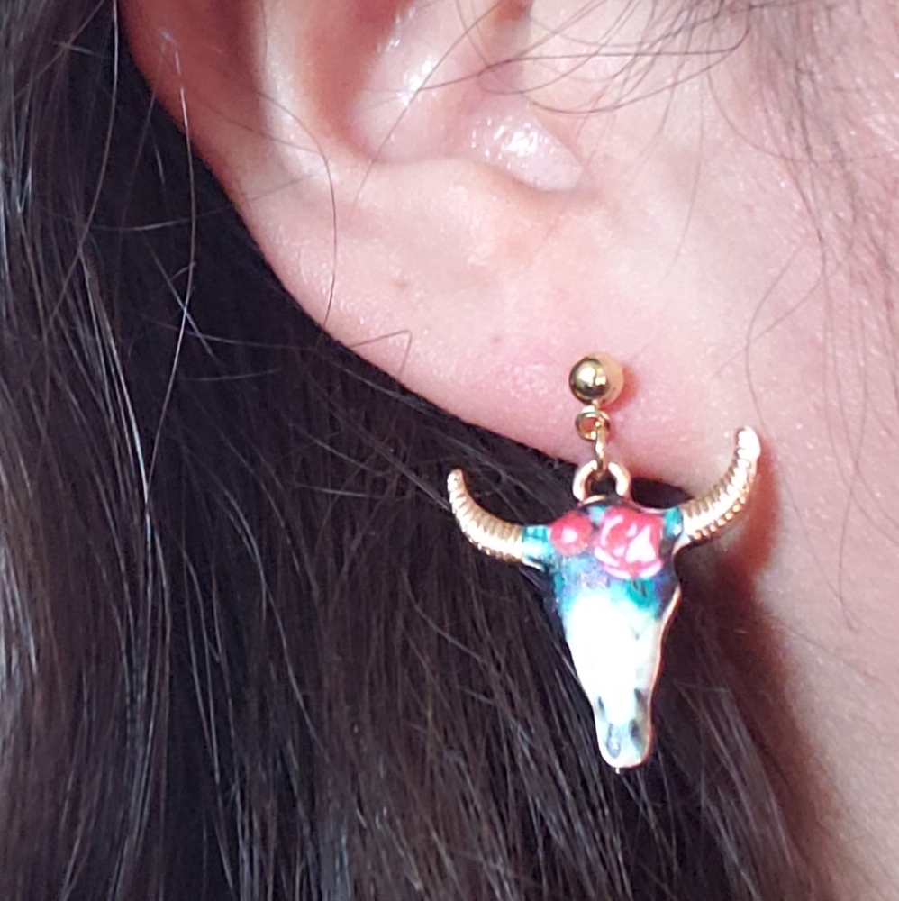 Floral Longhorn Earrings. Bull Head Steer Head Cow Head Western Rodeo Cowgirl - Picture 4 of 7